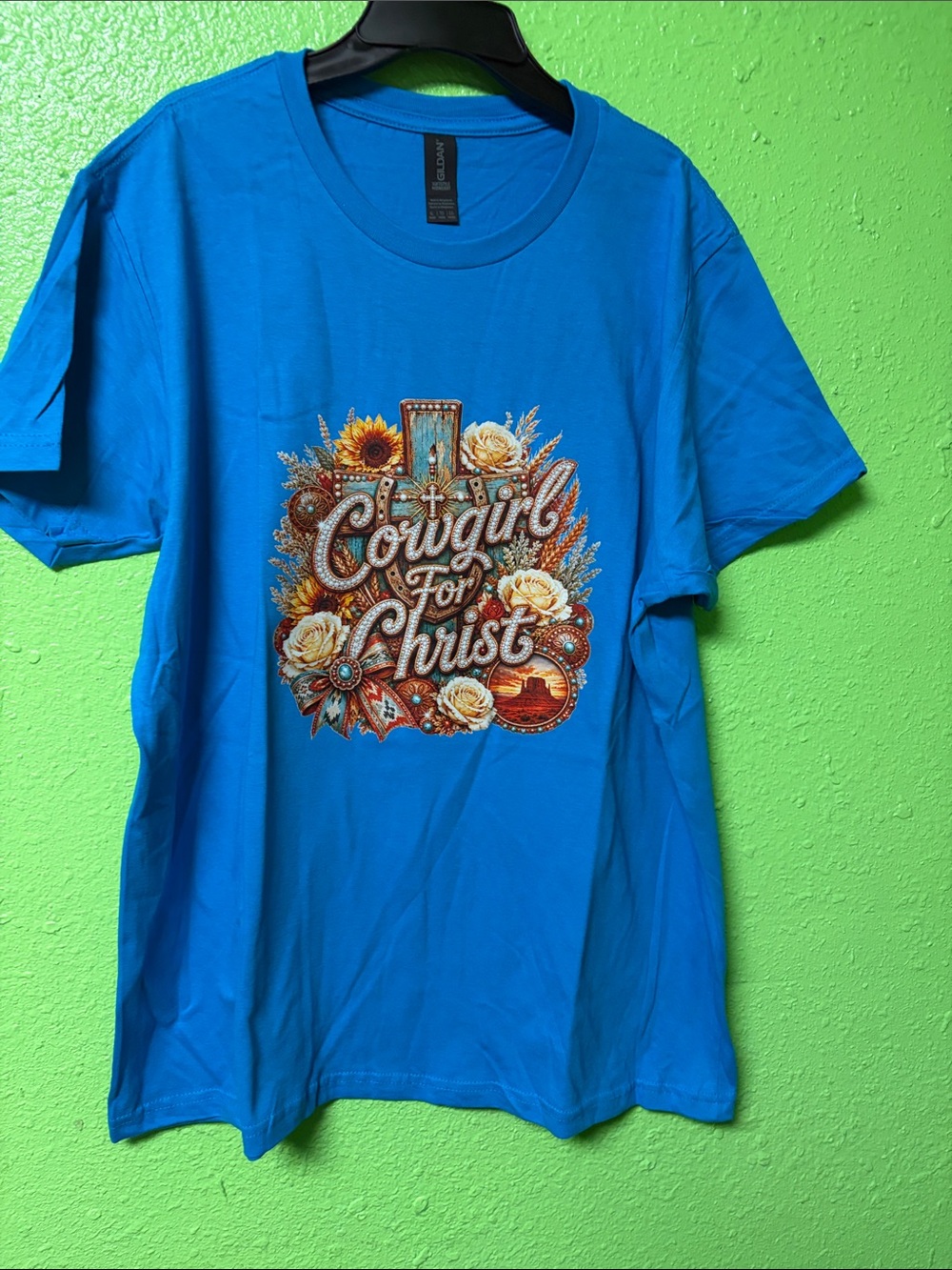 Gildan Bright Blue women’s Tee with Courage For Christ Floral Cross Graphic